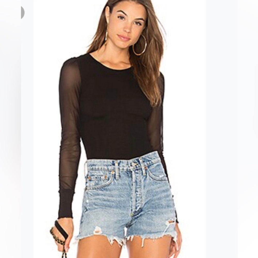 ** Intimately Free People Turn It Up Black Long Mesh Sleeve Ribbed Top Size S